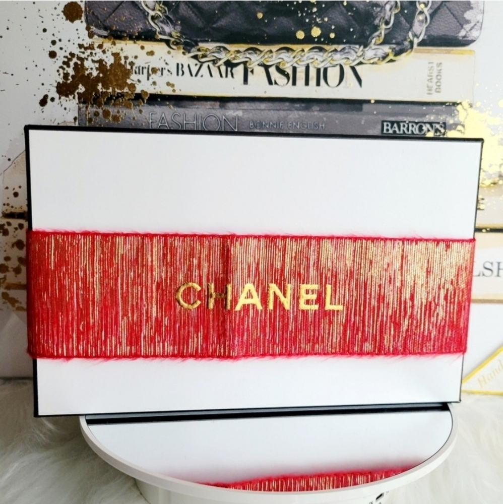 Chanel Red and Gold Holiday Thick Ribbon 27”x2.5" Limited Edition